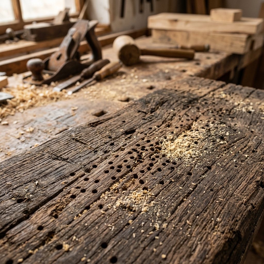 Foto detallada de la superficie de un mueble de madera antigua con orificios redondos de carcoma y restos de serrín