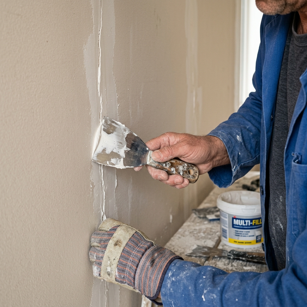 Espátula aplicando plaste blanco para tapar y enlucir una grieta reforzada en la pared de una habitación