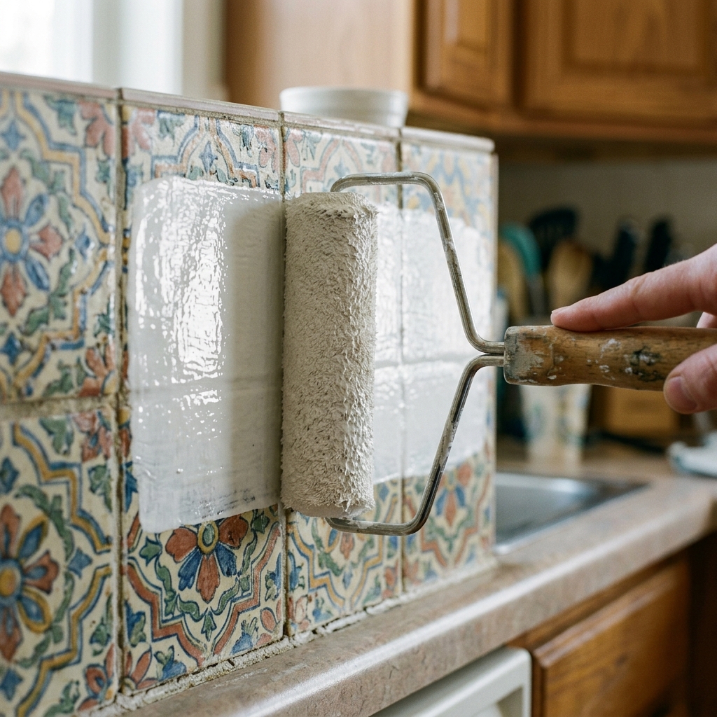 Obrero aplicando esmalte cerámico bicomponente con un pequeño rodillo de velour sobre azulejos de baño