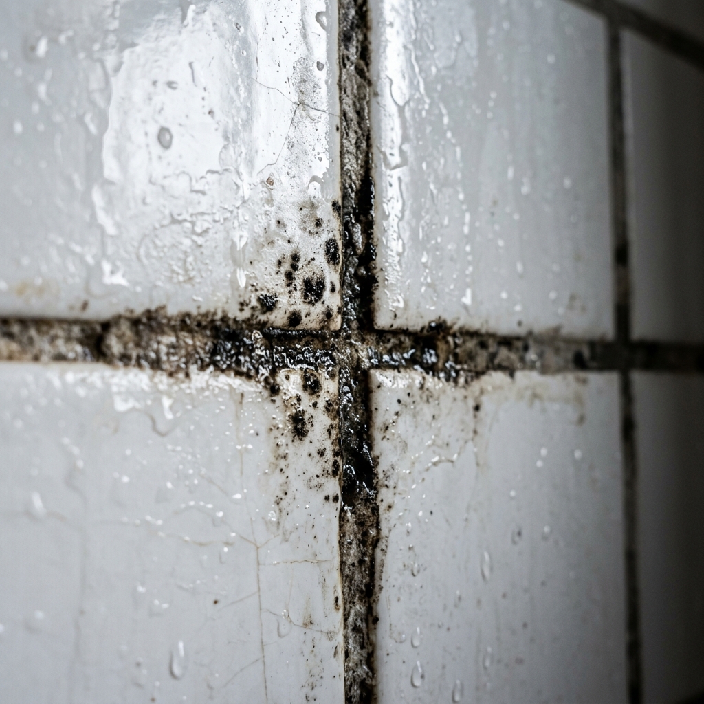 Primer plano de juntas de azulejos con moho negro acumulado en una ducha