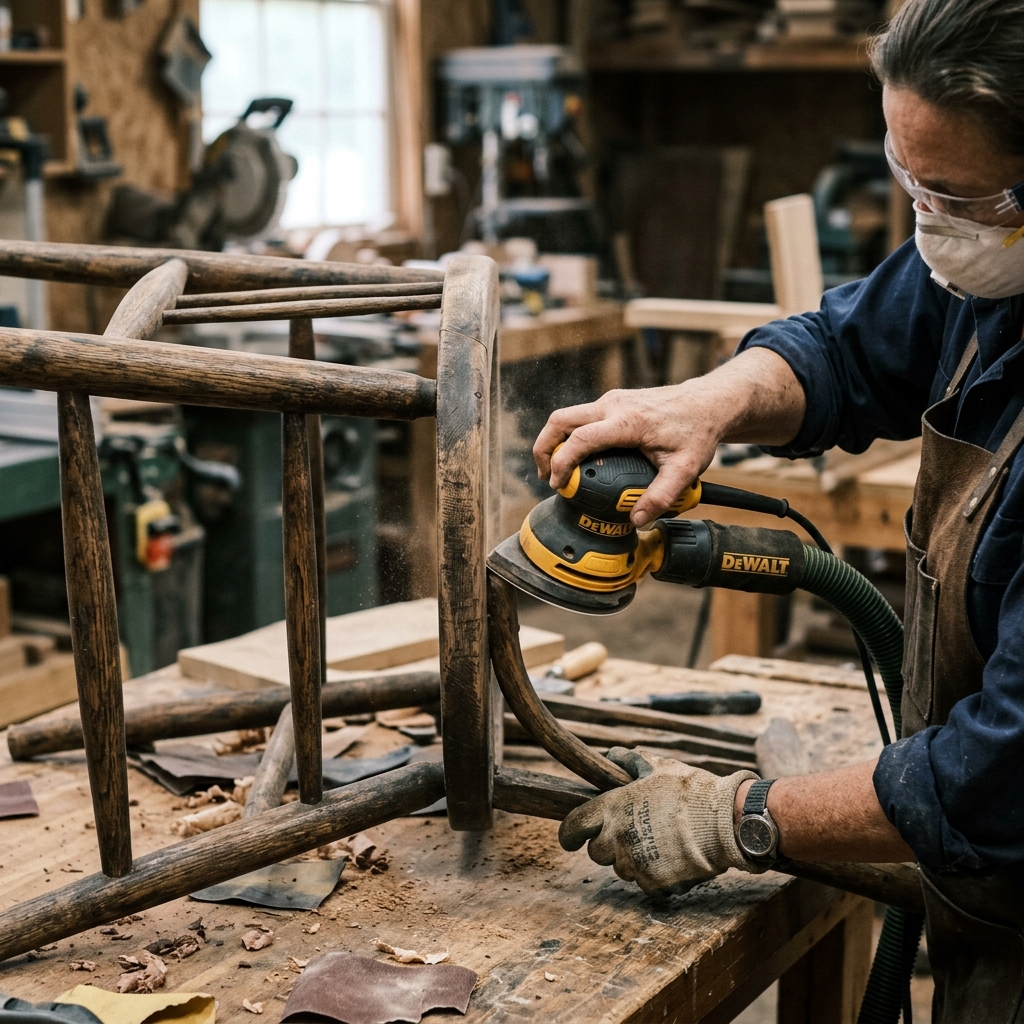 Lijadora orbital repasando los cantos de un tablero de madera recién cortado para suavizar los bordes y quitar astillas superficiales